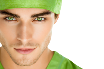 Handsome man with captivating green eyes and a subtle smile.