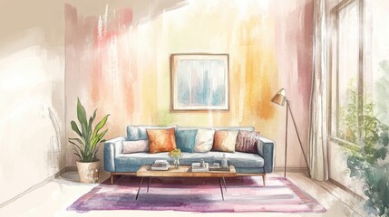 Modern living room with serene sofa and decorative elements