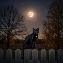 Mysterious Black Cat Sitting on an Old Wooden Fence Under Full Moonlight