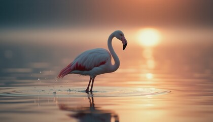 Flamingo wading in tranquil lake at sunrise