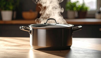 Steaming pot on a kitchen counter