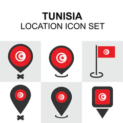 Location markers with Tunisia’s bold red and white flag, ideal for North African maps or travel illustrations.