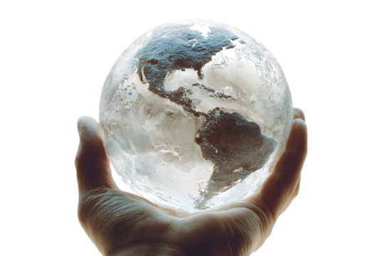 Hand holding a glass globe.