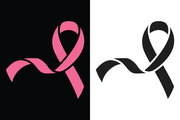 Pink ribbon symbol for breast cancer awareness on black and white backgrounds silhouette