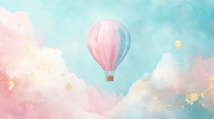 Obraz premium Hot air balloon flying in a dreamy sky with clouds