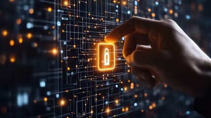 A finger touching an illuminated padlock icon on a complex digital network interface screen