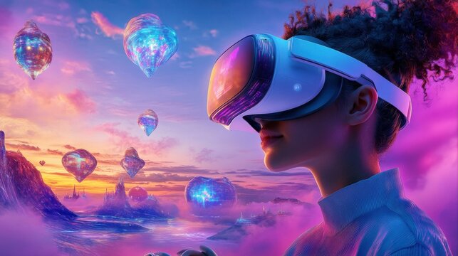 Young African American woman in virtual reality landscape at sunset