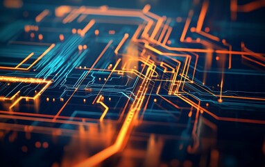 Abstract circuit board with glowing orange and blue lines on a dark background