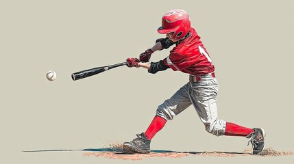 Young Baseball Player in Action Hitting Ball with Bat Outdoor Sports Adventure, Focus on Technique and Movement in Dynamic Pose
