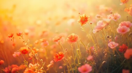 Fototapeta premium Blooming orange and pink flowers in serene outdoor field
