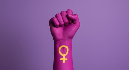 Obraz premium Feminist Strength Magenta Fist Venus Symbol on Purple.