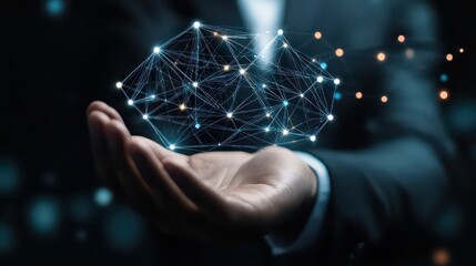 Hand holding digital network connection with glowing nodes and lines in a dark environment