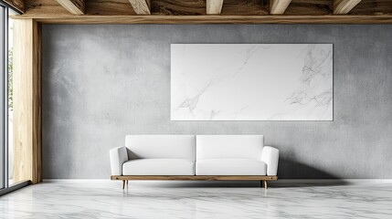 Modern living room interior with white couch and grey concrete walls.