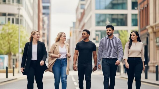 Diverse business team walking and talking on city street, showcasing collaboration and urban lifestyle - Powered by Adobe