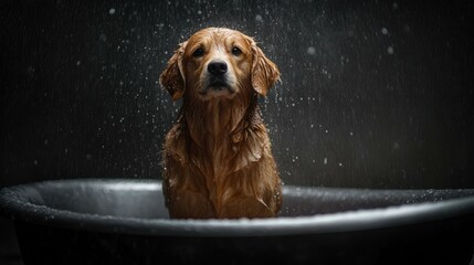 Golden Retriever sitting peacefully in water during artificial rain
