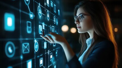 Woman interacting with futuristic interface displaying various icons and data visualizations on a screen