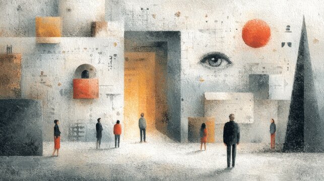 Surreal museum concept art showing human thought errors with cognitive bias symbols, illusions, distorted mirrors, and decision mazes in soft lighting and muted tones for intellectual audiences.