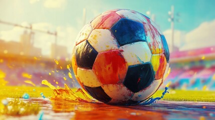 Colorful soccer ball splashing in water at sunny stadium