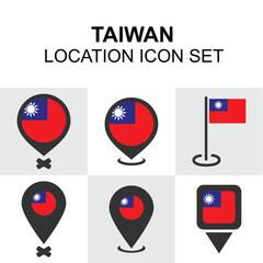 A clean and modern set of location icons featuring Taiwan’s flag in various marker styles, perfect for geographic or travel-related visuals.