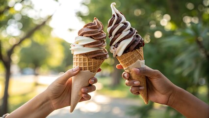 Two hands holding swirled chocolate and vanilla soft serve ice cream cones outdoors