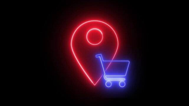 Neon light effect animation of a location pin icon with a shopping cart, black background