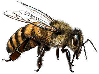 Detailed illustration of a honeybee (Apis mellifera) with fine textures and natural coloring. This artwork captures the bee’s fuzzy body, delicate wings, and characteristic black-and-yellow stripes. 