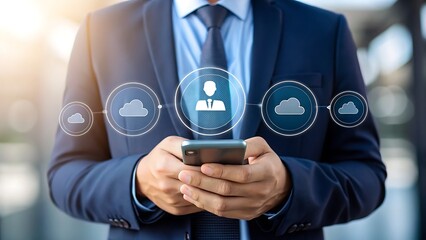 Businessman using smartphone with cloud computing and network connection icons overlayed
