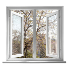 White window, open, views trees, city