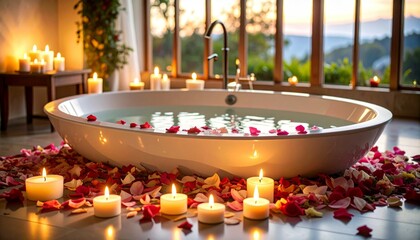 Bathroom tube covered with candles and rose flower petals.