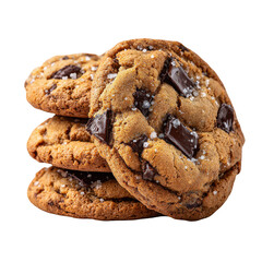 Stack of chocolate chip cookies, slightly browned, with visible chocolate chunks and sea salt