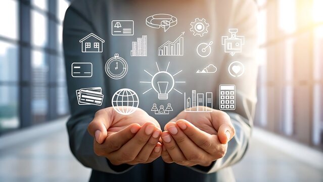 Business professional holding a collection of white icons representing various aspects of modern life and work