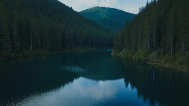 Drone aerial fly over lake towards forest