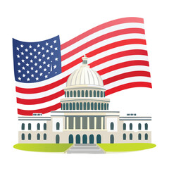 Vector of waving USA flag behind Capitol building in patriotic illustration style

