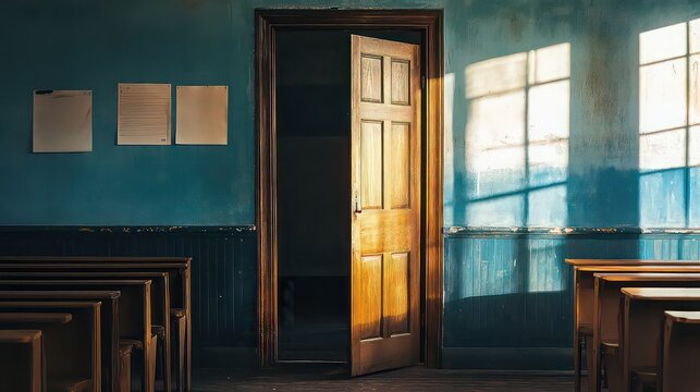 Interior view of a classroom with an open wooden door and sunlight streaming through the windows