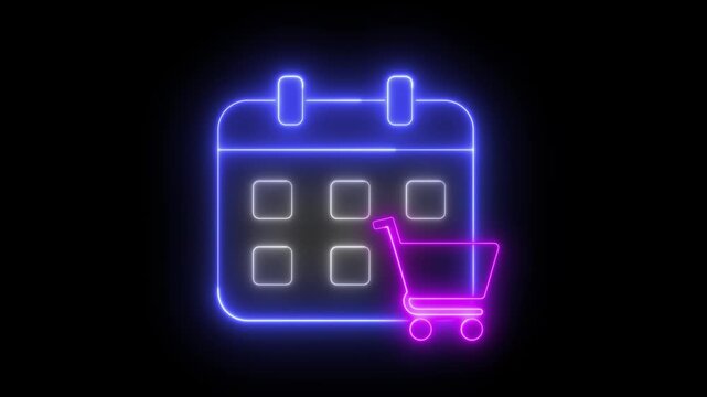 Neon light effect animation of a calendar icon with a shopping cart, black background