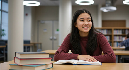 South Asian Teenage Girl Sitting At A Study Table In A Modern Library