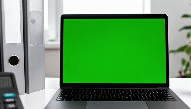 Laptop with green screen on office desk ready for chroma key compositing