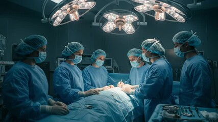 Diverse team of professional surgeons and assistants performing a complex surgical operation in a modern, sterile operating room. - Powered by Adobe