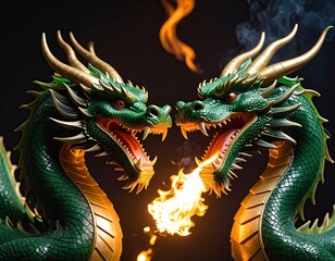 Obraz premium Two dragons facing each other, fire between them