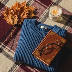 Flatlay of Autumn Reading Essentials with Sweater, Book, and Glasses