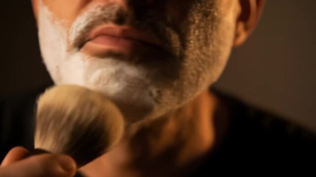 Man's Grooming Ritual: Applying Shaving Cream with Brush and Razor Preparation
