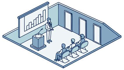 Flat isometric corporate presentation room with projector screen showing bar charts as placeholder shapes, audience in chairs, lectern, spotlight, muted corporate blues, no text.

