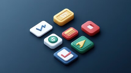 Isometric icons representing finance and business on a dark blue surface in a studio setting