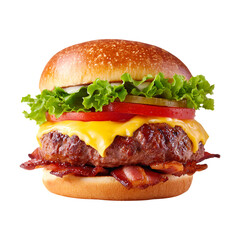 Delicious gourmet cheeseburger with crispy bacon lettuce tomato pickles and melted cheddar cheese isolated on transparent background