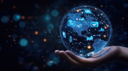 Hand holding a glowing digital globe with network connections and application icons overlaid