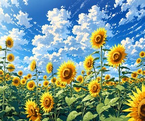 青空の下に広がる満開のひまわり畑が美しい夏の風景イラスト  