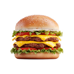 Delicious double cheeseburger with sesame seed bun lettuce tomato and melted cheese isolated on transparent background