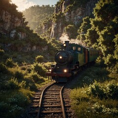 夏の青空の下、緑の中を走るビンテージな機関車の風景イラスト  