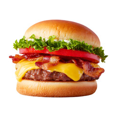 Delicious bacon cheeseburger with melted cheddar cheese lettuce and tomato isolated on transparent background