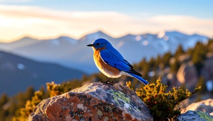 Bluebird perched on a rock, mountain backdrop